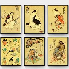 Buy now serena & lily. Japanese Samurai Cat Tattoo Cat Vintage Poster Retro Wall Art Sticker Painting Living Room Decoration Bedroom Printed Poster Wish