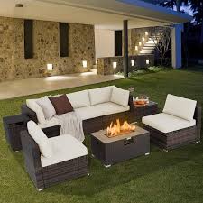 Costway 8pcs Patio Rattan Furniture Set Fire Pit Table Tank Holder Cover Deck Off White