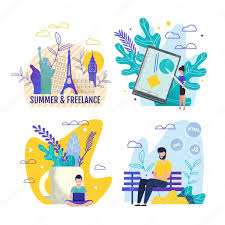 Pattern of camping and backpacking travel. Summer And Freelance Distant Work And Travel Cards Set Cartoon Man Designer Or Programmer Working Remotely On Laptop In Park Flat Woman Presenting New Project On Tablet Vector Illustration Premium Vector
