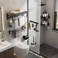 Dracelo 24 In Wall Mounted Aluminum Towel Rack With Towel Bar Holder Foldable Towel Shelf And Movable Hooks In Matte Black