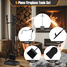 5 Piece Fireplace Tool Set With Tong Brush Shovel Stand Black