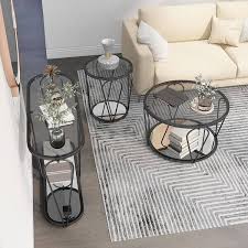 Furniture Of America Orrum 31 25 In Black Nickel And Gray Round Glass Coffee Table Set 3 Piece
