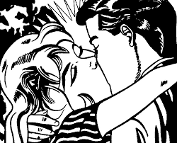 Menina positiva soprando beijo de ar enquanto segurando café para ir no fundo azul. Desenho Para Colorir Anti Stress Roy Lichtenstein O Beijo 8