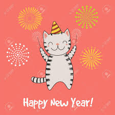 Hand Drawn Happy New Year Greeting Card With Cute Funny Cartoon. Royalty  Free Cliparts, Vectors, And Stock Illustration. Image 91655411.