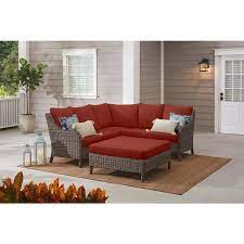 Hampton Bay Windsor 4 Piece Brown Wicker Outdoor Patio Sectional Sofa With Ottoman And Sunbrella Henna Red Cushions