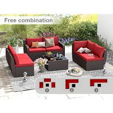 Cesicia 7 Piece Wicker Outdoor Sectional Sofa Set Patio Furniture Conversation Set With Ergonomic Curved Armrest In Red Cushion