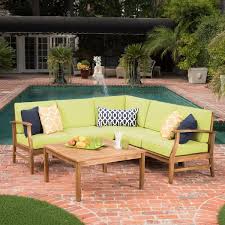 Noble House Giancarlo Teak Finish 6 Piece Wood Outdoor Sectional Set With Green Cushions