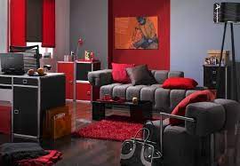 grey and red living room