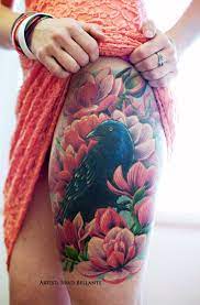 Realistic Raven and Flowers Thigh Piece by Brad Bellante, Human Canvas  Tattoo Studio, Fredericksburg | Raven tattoo, Cover tattoo, Tattoos