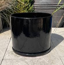 Glazed Black Cylinder Pot With Saucer