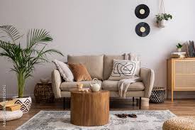 living room interior with beige sofa