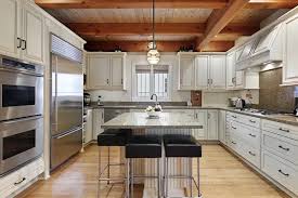 kitchen with wood ceiling beams stock