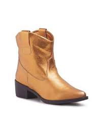 Bota Feminina Cano Curto Couro Country Western Metalizada Laranja