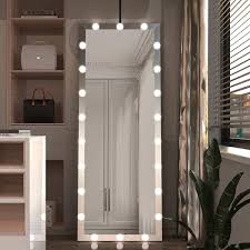 24 in w x 63 in h modern rectangle aluminum framed silver floor mirror with led light bulbs