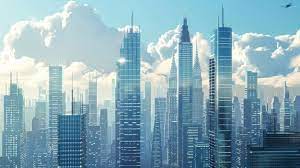 a futuristic city skyline with towering