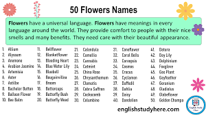 50 flowers names in english english