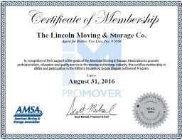 American Moving And Storage Movers Storage Membership Certificate