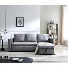 Morden Fort Reversible 90 5in Gray Velvet Sleeper Sectional Sofa L Shape 3 Seat Sectional Couch With Storage Grey