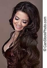 Hairstyle. brown hair. attractive smiling woman with long curly hair. happy  smiling woman. | CanStock