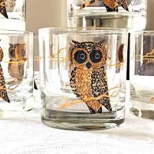 4 Couroc Glasses Owl Barware Lowball