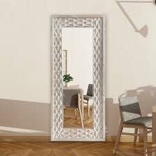Full Length White Wood Carved Floor Mirror