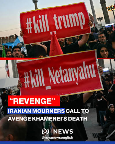 📸 Iranian mourners carrying anti-US and anti-'Israel' placards during the funeral procession of Iran's slain Supreme Leader Ali Khamenei in Tehran. For a livestream, click the link in bio.
