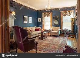 victorian living room blue walls stock