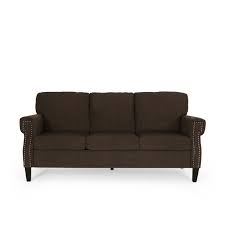 Noble House Chandler Fabric 3 Seater Sofa With Nailhead Trim Brown And Dark Brown