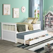 I repeated this on the other side then slid the drawer into the opening between the slides. Amazon Com Bed Frame Twin With Trundle And 3 Drawers Julyfox Captain S Platform Bed With Slatted Headboard Footboard No Box Spring Need For Small Spaces White Kitchen Dining