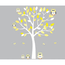 yellow and grey owl wall art with white
