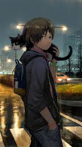 anime boy cat night city 4k phone