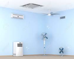 A fan blows the cool air through ducts to deliver it to all of the rooms in your house. Different Types Of Air Conditioners And Electric Fans In The Stock Photo Picture And Royalty Free Image Image 74862144