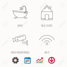 Wifi Video Camera And Real Estate Icons Bath Linear Sign Calendar