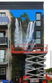 exterior wall airbush mural with waterfall