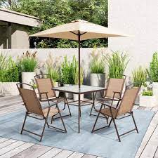 6 Piece Metal Square Outdoor Dining Set And Umbrella In Brown