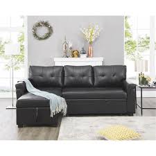 homestock black reversible air leather sleeper sectional sofa storage chaise