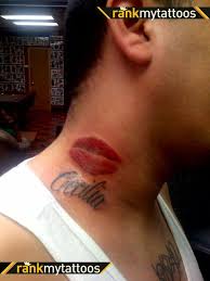 red lips tattoo on neck