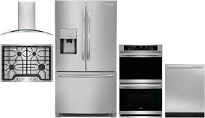 Stainless steel kitchen bundles can consist of a refrigerator, range, range hood, wall oven, and microwave. Frigidaire 5 Piece Kitchen Appliances Package With Fghb2868tf 36 Inch French Door Refrigerator Fget3066uf 30 Inch Double Wall Oven Fggc3045qs 30 Inch Gas Cooktop Fhwc3060ls 30 Inch Hood And Fgid2466qf 24 Inch