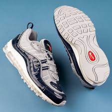 Supreme branding emerges on the heel tab and toe, with 'world famous' across the heels. Air Max 98 Supreme Obsidian Cheap Nike Air Max Shoes