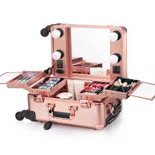 Ovonni Small Led Makeup Train Case Lighted Rolling Travel Portable Cosmetic Organizer Box With Mirror And 4 Detachable Wheels Professional Artist