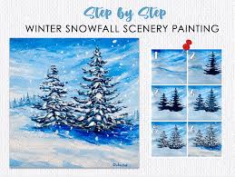 winter snowfall scenery painting easy
