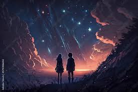 romantic anime couple stargazing