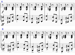 Alberti bass is when the notes in your left hand are repeated by playing the bottom note, top note this is very common in piano music. What Is More Proper Notation In Piano Sheet Music To Denote That The Left Hand Should Be Louder Music Practice Theory Stack Exchange
