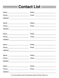 free printable contact list templates