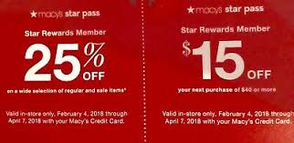 Alerts will come from macy's credit card alerts, and you can text stop to 81454 to stop alerts, or text help to 81454 to receive help. Macy S Star Pass Coupons 15 Off 40 And 25 Off Exp 08 04 18 Valid In Store 3 00 Picclick