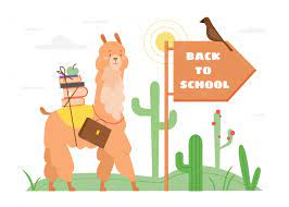 Premium Vector | Back to school text motivation concept illustration.  cartoon cute happy llama or alpaca animal character with schoolbag and  stack of books or textbooks going to study on white