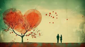 couple stands under a red heart tree