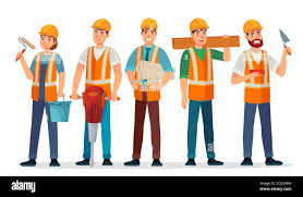Professional builders team. Contractor in helmet, builder engineer and  workers people cartoon vector illustration Stock Vector Image &amp; Art - Alamy