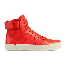 Gucci Mens Coral Red Nylon Leather Gg Guccissima High Top Sneakers Shoes