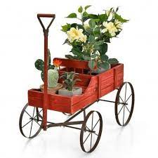 Wooden Wagon Plant Bed With Wheel For